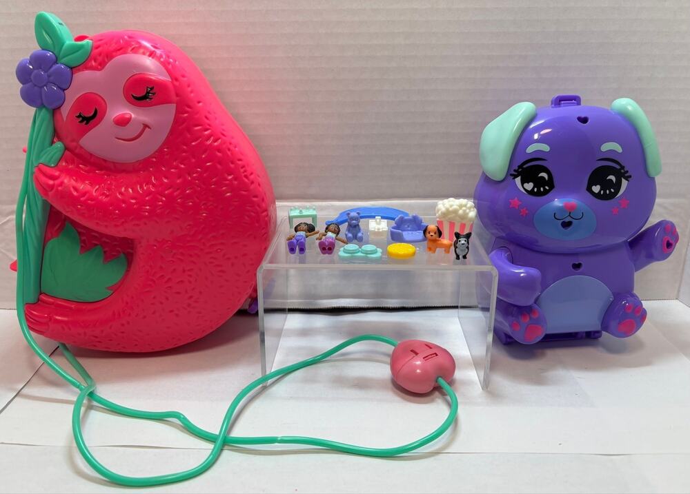 Polly Pocket Compact Bundle Sloth and Sleepover Puppy with Various Accessories
